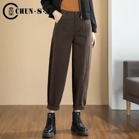 九分灯笼裤女2023秋冬新款休闲咖啡色女裤胖mm老爹裤加绒哈伦裤子商品大图