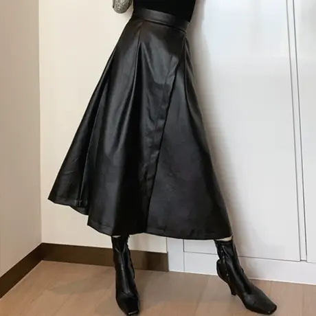 法式欧货黑色PU皮裙半身裙女2024新款显瘦遮肉高腰开叉a字裙长款商品大图