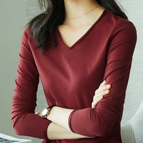 雀后秋装新款莫代尔长袖T恤女酒红百搭衣服v领体恤打底衫宽松上衣商品大图