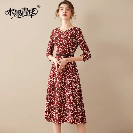 水墨青华时尚气质连衣裙冬季新款高冷御姐风收腰显瘦印花裙子图片