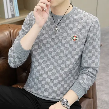 秋季新款男士套头卫衣休闲宽松时尚提花长袖T恤青年潮流圆领纯色商品大图