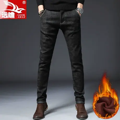 冬季加绒牛仔裤男加厚保暖长裤秋冬款男士黑色男裤修身小脚裤子潮商品大图