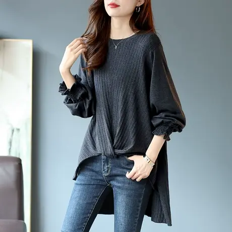 宝诗黎圆领落肩宽松针织衫2024春季新款设计感中长毛衣女时尚休闲商品大图