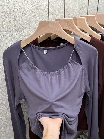 春秋纯欲别致独特甜辣妹性感锁骨上衣设计感打底衫女内搭长袖t恤图片