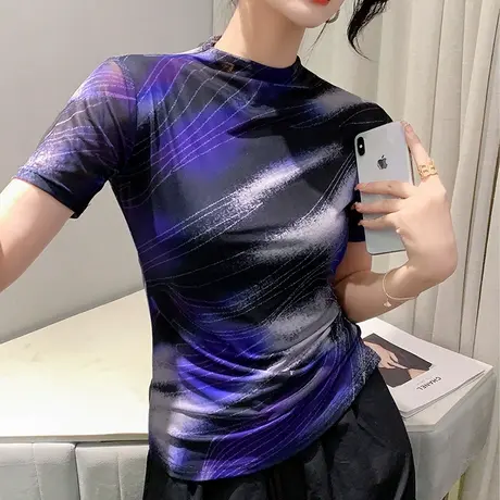 欧货网纱印花短袖T恤女2024初秋新款内搭半高领上衣修身打底小衫图片