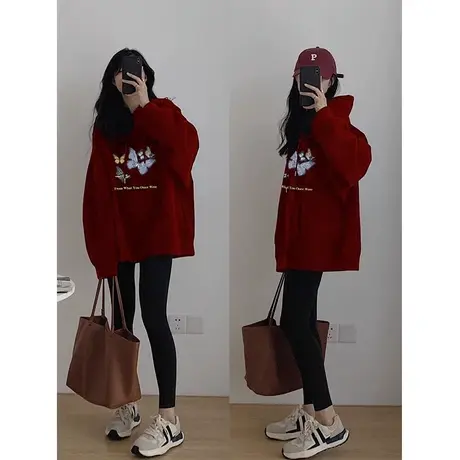 连帽卫衣女设计感小众秋冬季新款加绒加厚oversize酒红色外套上衣商品大图