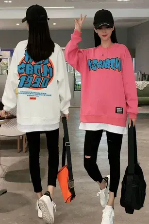 韩版宽松中长款假两件卫衣女2023年新款秋季休闲百搭春秋薄款外套商品大图