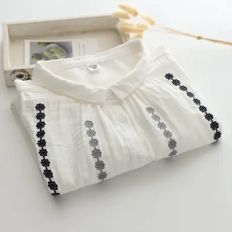 春秋装日系文艺小清新花朵刺绣双层纱长袖白色衬衫女宽松打底上衣商品大图