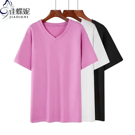 早秋韩中长款纯棉宽松V领大版T女上衣内搭女打底衫短袖体恤华夫格商品大图
