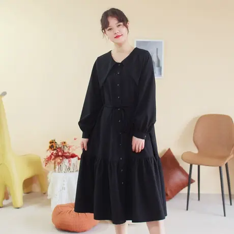 【买一送一】秋新品学院风减龄宽松连衣裙大码尖尖领黑色长裙图片