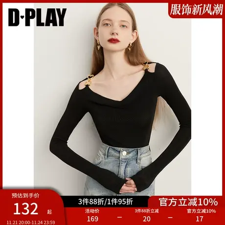 DPLAY春季纯欲风上衣简约时尚V领爱心搭扣修身显瘦女款路肩打底衫图片