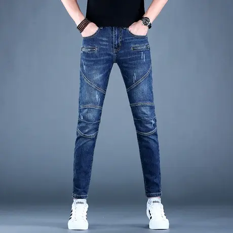 2023秋冬新款男士拼接牛仔裤男潮牌韩版休闲男款裤子修身小脚弹力商品大图