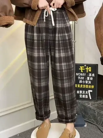 欧货复古格子裤女冬季加绒加厚小个子九分宽松哈伦裤休闲萝卜裤潮图片