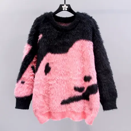 慵懒高级感撞色水貂绒毛衣女冬季2023新款宽松加厚设计感针织衫商品大图