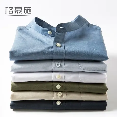 薄款棉麻立领短袖衬衫大码青年潮纯色男士圆领麻棉半袖休闲衬衣图片