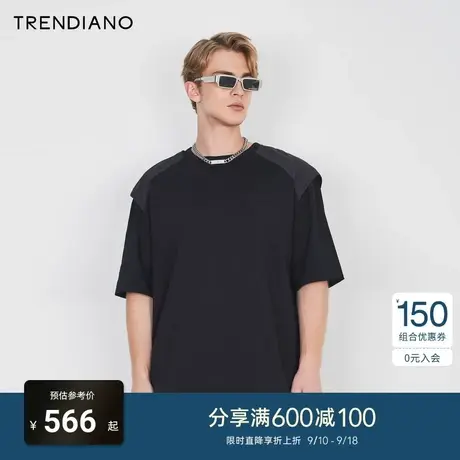 TRENDIANO官方2023新款春夏假两件拼接潮流圆领短袖t恤男图片
