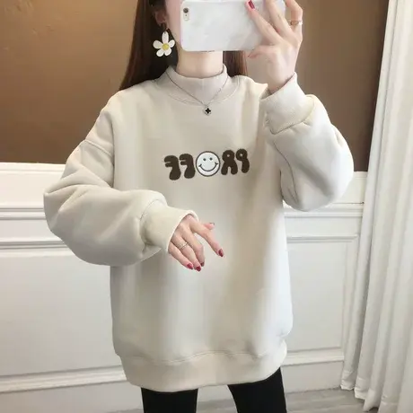 半高领卫衣女秋冬季韩版宽松加绒加厚小个子保暖银狐绒上衣服外套图片