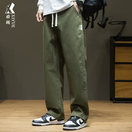 希越纯棉水貂绒春季男士休闲直筒裤加绒加厚保暖百搭军绿色长裤子商品大图