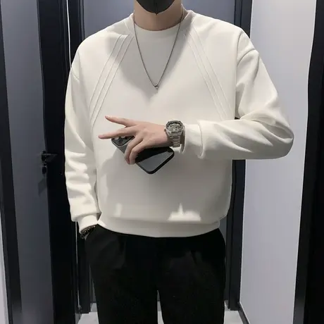 加绒卫衣男秋冬2023个性纯色简约设计感潮牌加厚休闲打底上衣t恤商品大图