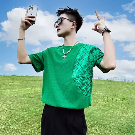 夏季男士t恤上衣短袖宽松个性半袖潮流圆领潮牌拼接华夫格体恤商品大图