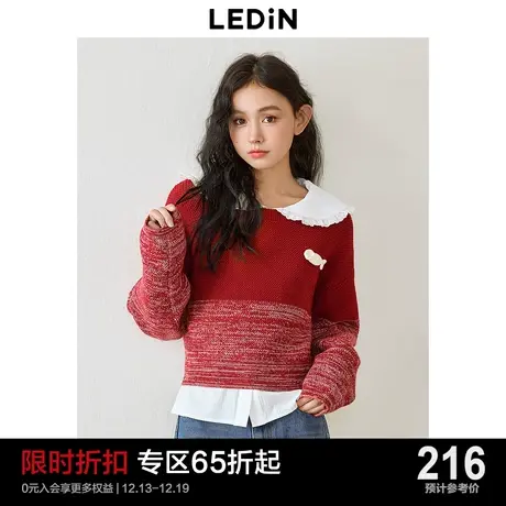 乐町正肩圆领渐变花纱毛针织衫24春季新款糖果胸针新年红毛衣内搭图片