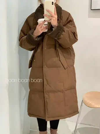 灯芯绒翻领拼接羽绒服女冬季长款过膝加厚保暖韩版宽松白鸭绒外套图片