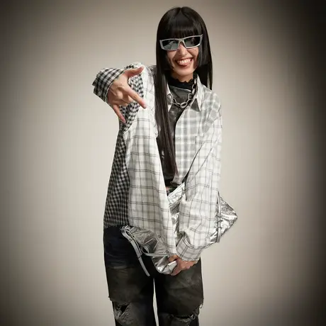 潮牌复古设计感拼接格子衬衫女春秋2024新款情侣宽松oversize衬衣图片