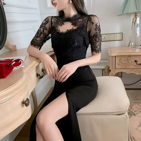 高开叉长款晚礼服女宴会名媛气质修身显瘦挂脖露背蕾丝连衣裙新款商品大图