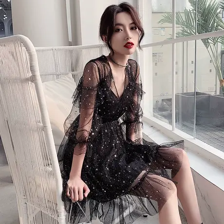 宴会晚礼服女气场女王春夏名媛短款黑色性感生日派对连衣裙小礼服图片