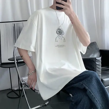 人头印花短袖男夏季港风百搭t恤ins潮牌薄款五分袖宽松设计感衣服商品大图