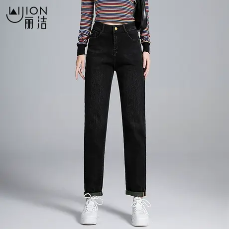 丽洁直筒牛仔裤女春秋2023新款黑色老爹裤高腰宽松哈伦裤弹力长裤商品大图