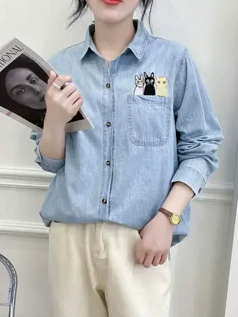刺绣牛仔衬衫女装长袖上衣服早春新款叠穿复古浅蓝百搭衬衣外套潮商品大图