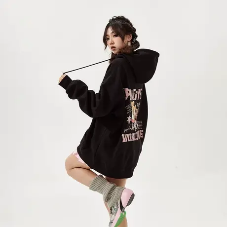 YEP黑色连帽卫衣女春秋2024新款复古潮牌情侣装宽松oversize外套商品大图
