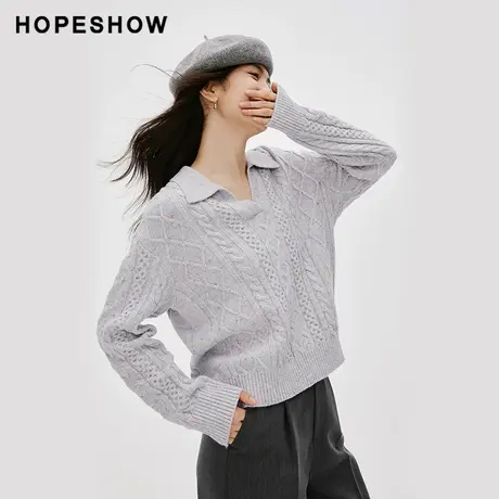 红袖V领绞花纹套头针织衫hopeshow2024春新款宽松慵懒薄款毛衣女图片