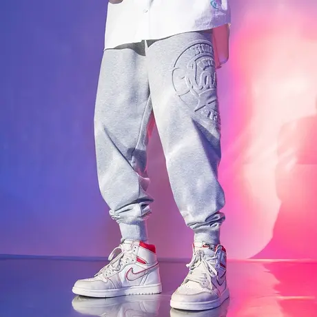 宽松灰色束脚卫裤男春季潮牌ins国潮大码潮流直筒运动裤加肥加大商品大图