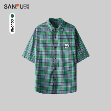 三福2024夏季男士鸽子绣花色织短衬衫 休闲翻领纯棉上衣483061图片