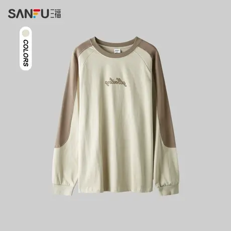 三福2024春季男士肩部撞色拼接长T恤 户外圆领纯棉上衣482368图片