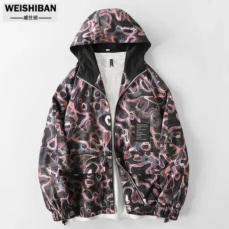 潮牌迷彩梦幻涂鸦连帽冲锋衣男外套春秋季2024新款高街宽松夹克男商品大图