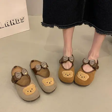 复古少女风包头奶奶鞋2024新款春夏外穿可爱小熊蝴蝶结勃肯半拖鞋商品大图