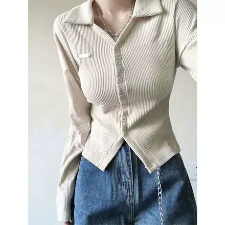 Polo领正肩长袖T恤女春季2023年新款内搭修身显瘦针织短款上衣ins商品大图