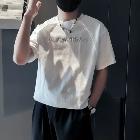 字母短袖T恤男夏季潮流痞帅小众设计感轻熟圆领百搭重磅半袖上衣商品大图