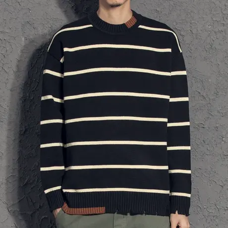 奕飏补丁设计落肩宽松毛衣男秋冬加厚条纹圆领毛衫小清新破边撞色图片