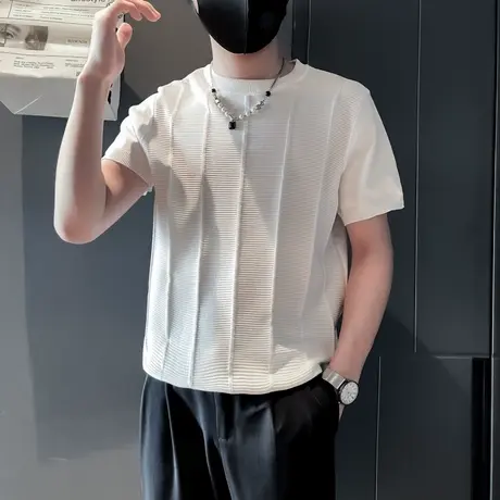 针织t恤男夏季薄款纯色修身轻熟内搭上衣条纹肌理感短袖t恤针织衫图片