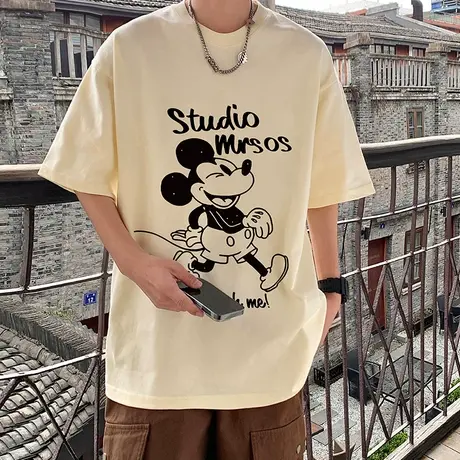 短袖T恤男2024新款纯棉米奇卡通圆领半袖oversize夏季男生体恤衫商品大图