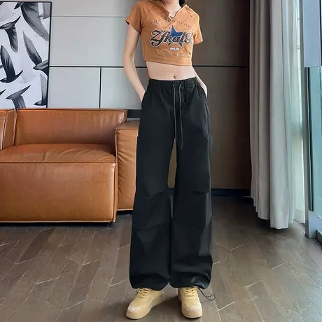 美式工装裤女2024春秋新款高腰宽松直筒休闲阔腿束脚两穿运动裤子商品大图
