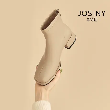卓诗尼奶茶色法式小裸靴2023秋款高级感瘦瘦靴粗跟低跟冬靴短靴子商品大图