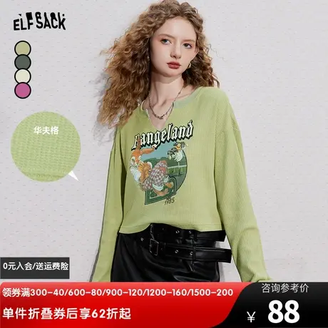 妖精的口袋v领长袖t恤女2024春秋新款华夫格印花短款显瘦修身上衣图片