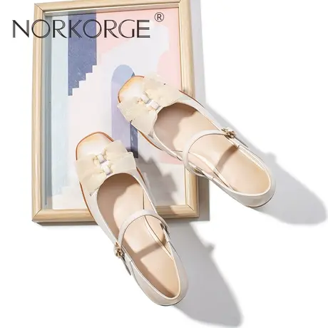 2023新款春秋复古仙女风米黄色玛丽珍单鞋女真皮方头蝴蝶结高跟鞋商品大图