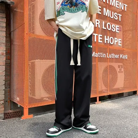 侧边条纹休闲卫裤男秋季潮牌宽松直筒运动拖地美式篮球复古长裤子商品大图