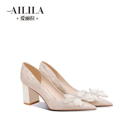 爱丽拉粗跟香槟色法式婚鞋女2023新款禾秀主婚纱两穿新娘鞋不累脚商品大图